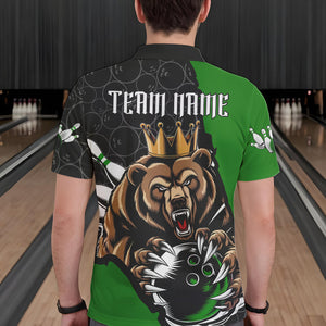 Black And Green Custom Bear Bowling King Polo Shirts For Men, Bear Bowling Team Uniform IPHW8838