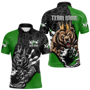 Black And Green Custom Bear Bowling King Polo Shirts For Men, Bear Bowling Team Uniform IPHW8838