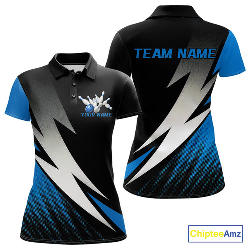 Black And Blue Custom Bowling Jerseys, Women Polo Shirt Bowling Tournament Outfits IPHW9078