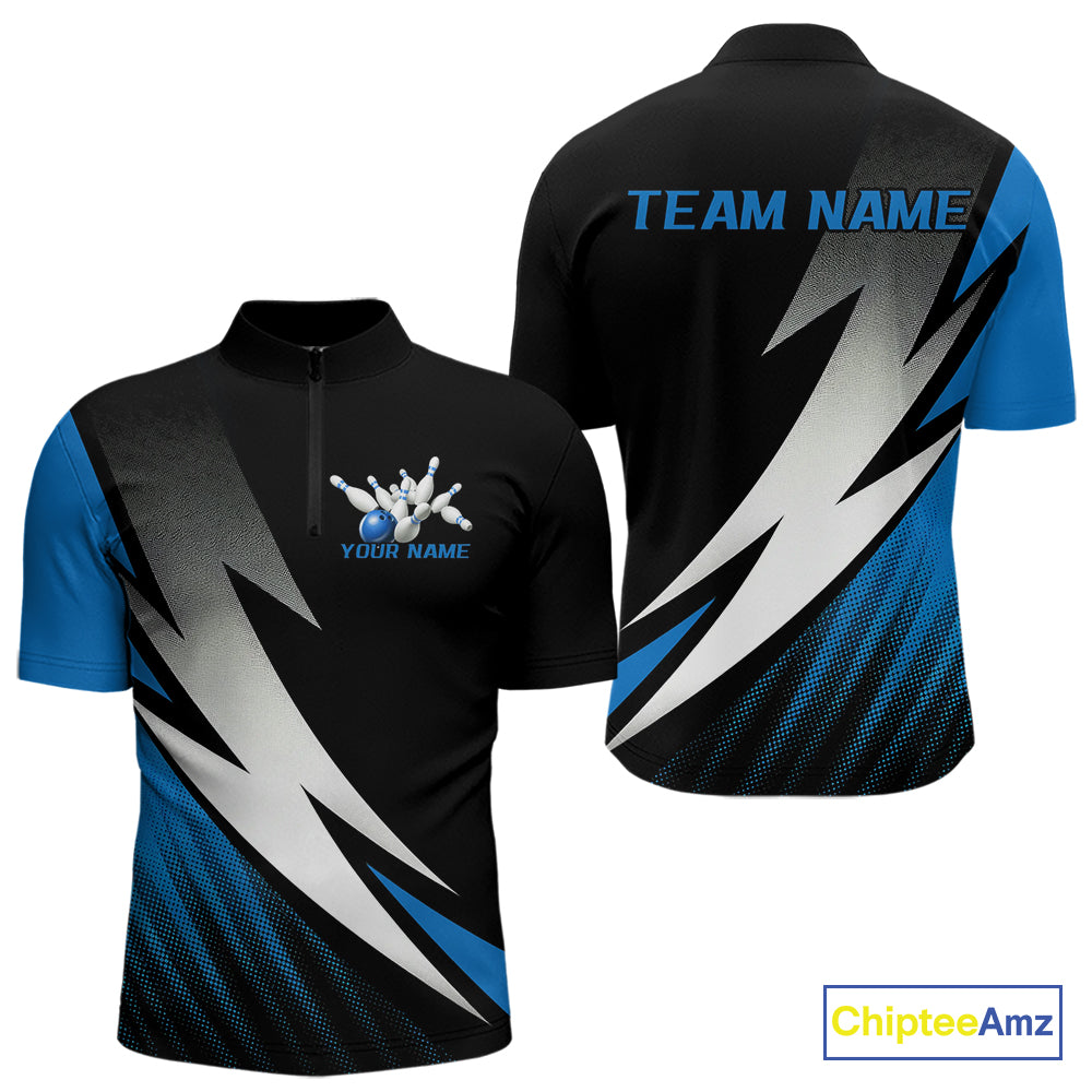 Black And Blue Custom Bowling Jerseys, Men Quarter-Zip Shirt Bowling Tournament Outfits IPHW9078