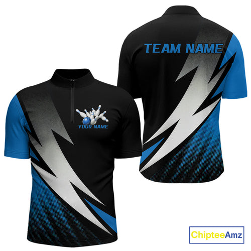 Black And Blue Custom Bowling Jerseys, Men Quarter-Zip Shirt Bowling Tournament Outfits IPHW9078