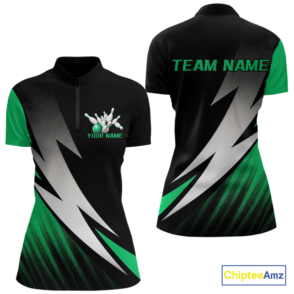 Black And Green Custom Bowling Jerseys, Women Quarter-Zip Shirt Bowling Tournament Outfit IPHW9079