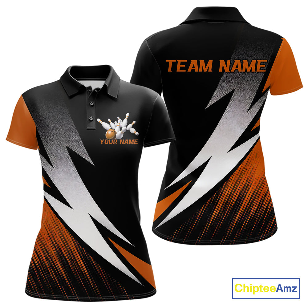 Black And Orange Custom Bowling Jerseys, Women Polo Shirt Bowling Tournament Outfits IPHW9080