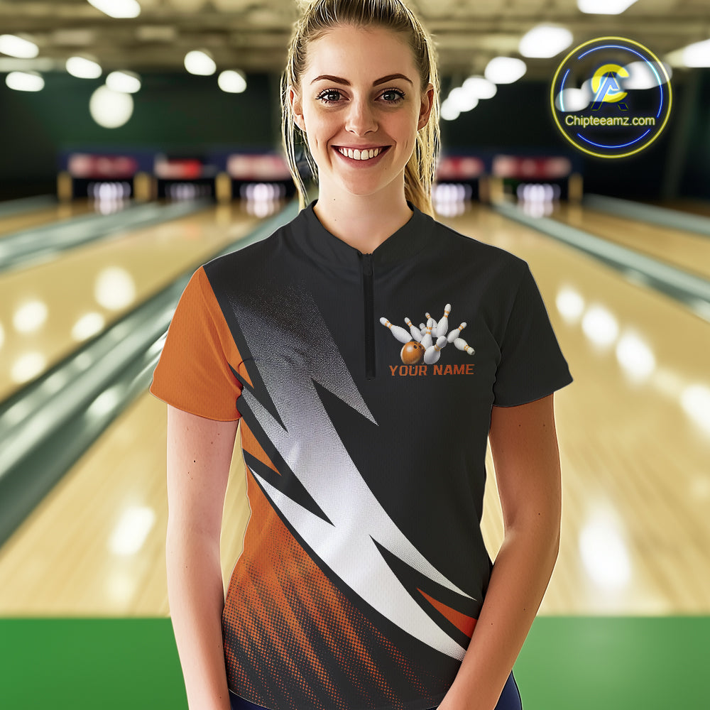 Black And Orange Custom Bowling Jersey, Women Quarter-Zip Shirt Bowling Tournament Outfit IPHW9080