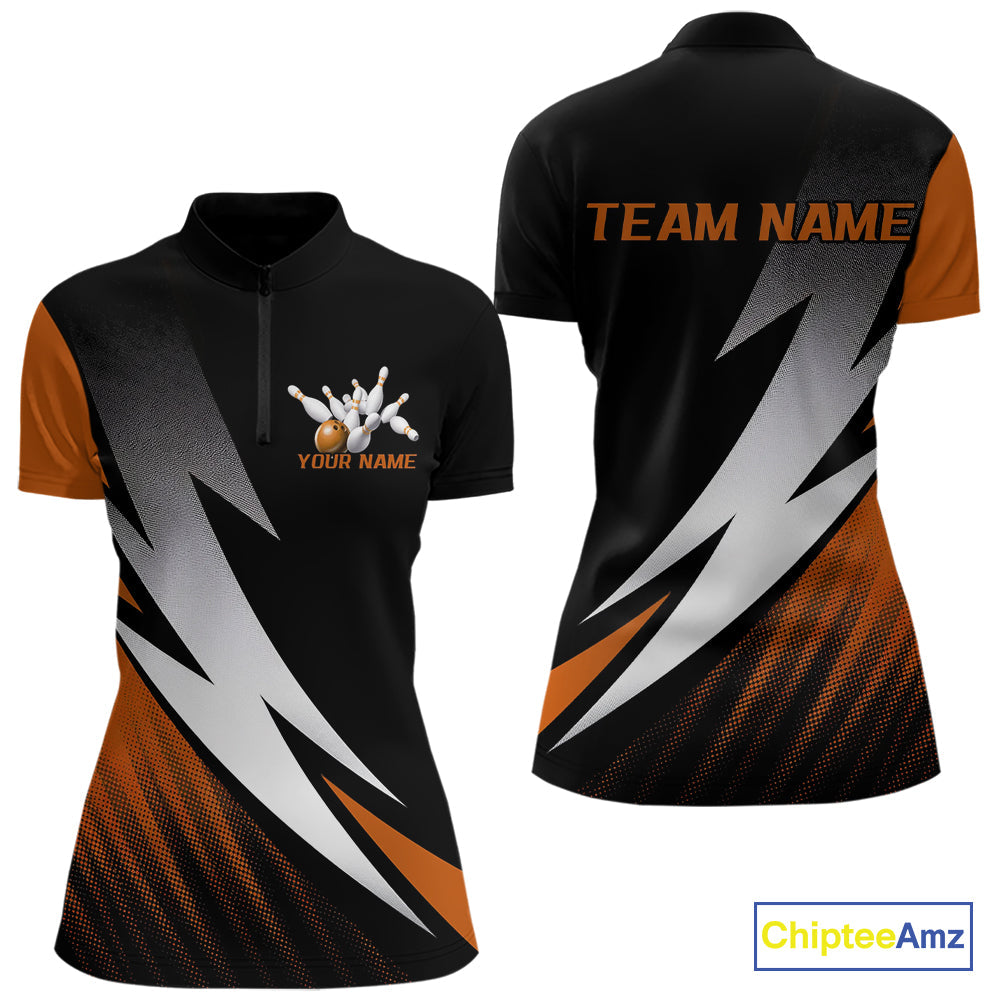 Black And Orange Custom Bowling Jersey, Women Quarter-Zip Shirt Bowling Tournament Outfit IPHW9080