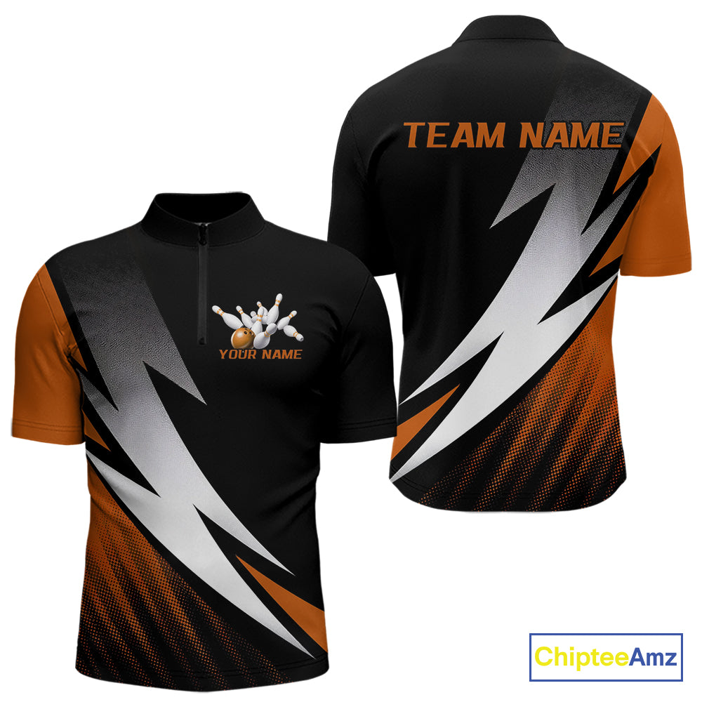 Black And Orange Custom Bowling Jerseys, Men Quarter-Zip Shirt Bowling Tournament Outfits IPHW9080