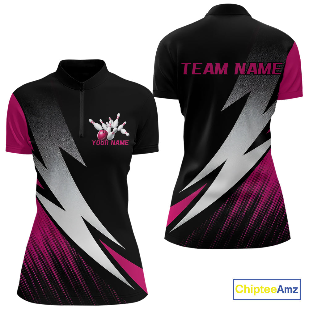 Black And Pink Custom Bowling Jerseys, Women Quarter-Zip Shirt Bowling Tournament Outfits IPHW9081