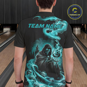 Custom Grim Reaper Bowling Polo Shirts For Men, Teal Blue Flame Skull Halloween Design IPHW9082