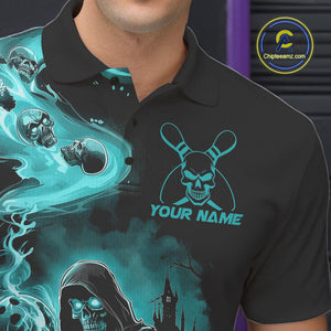 Custom Grim Reaper Bowling Polo Shirts For Men, Teal Blue Flame Skull Halloween Design IPHW9082