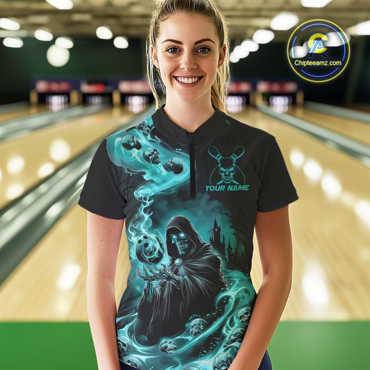 Custom Grim Reaper Bowling Women Quarter-Zip Shirt, Teal Blue Flame Skull Halloween IPHW9082
