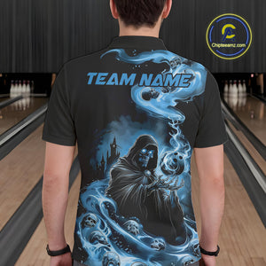 Custom Grim Reaper Bowling Polo Shirts For Men, Mid Blue Flame Skull Halloween Design IPHW9083