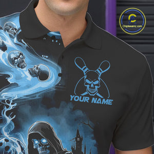 Custom Grim Reaper Bowling Polo Shirts For Men, Mid Blue Flame Skull Halloween Design IPHW9083