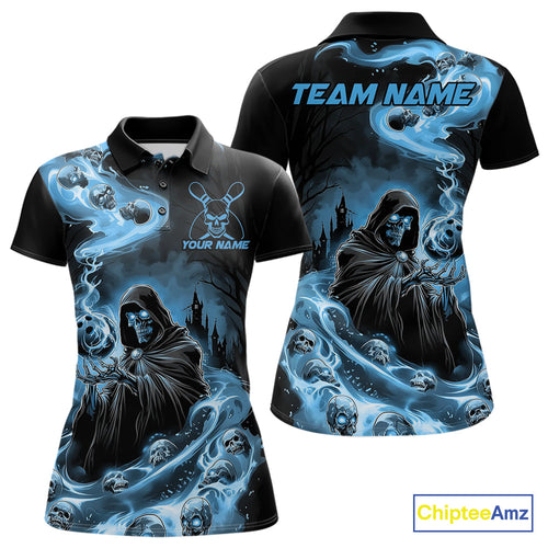 Custom Grim Reaper Bowling Polo Shirts For Women, Mid Blue Flame Skull Halloween Design IPHW9083