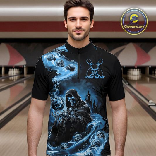Custom Grim Reaper Bowling Quarter-Zip Shirts For Men, Mid Blue Flame Skull Halloween Design IPHW9083