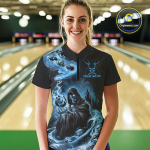 Custom Grim Reaper Bowling Women Quarter-Zip Shirt, Mid Blue Flame Skull Halloween IPHW9083