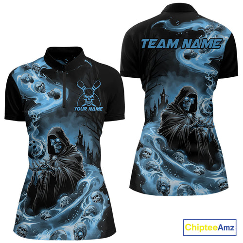 Custom Grim Reaper Bowling Women Quarter-Zip Shirt, Mid Blue Flame Skull Halloween IPHW9083