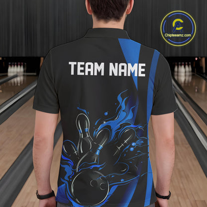 Custom Mid Blue Flame Bowling Polo Shirts For Men, Striking Fire Jerseys Team Uniform IPHW9084