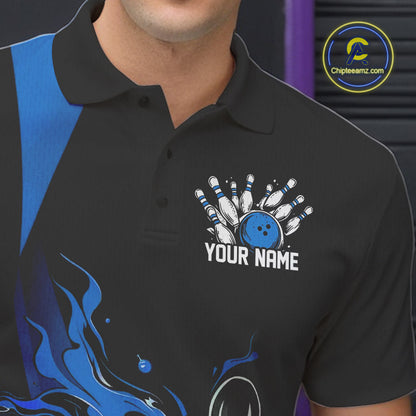 Custom Mid Blue Flame Bowling Polo Shirts For Men, Striking Fire Jerseys Team Uniform IPHW9084