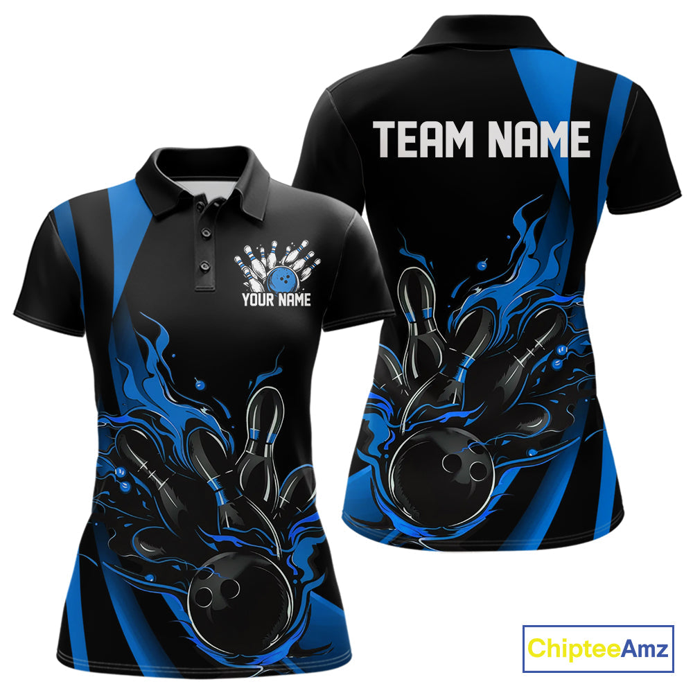 Custom Mid Blue Flame Bowling Polo Shirts For Women, Striking Fire Jerseys Team Uniform IPHW9084