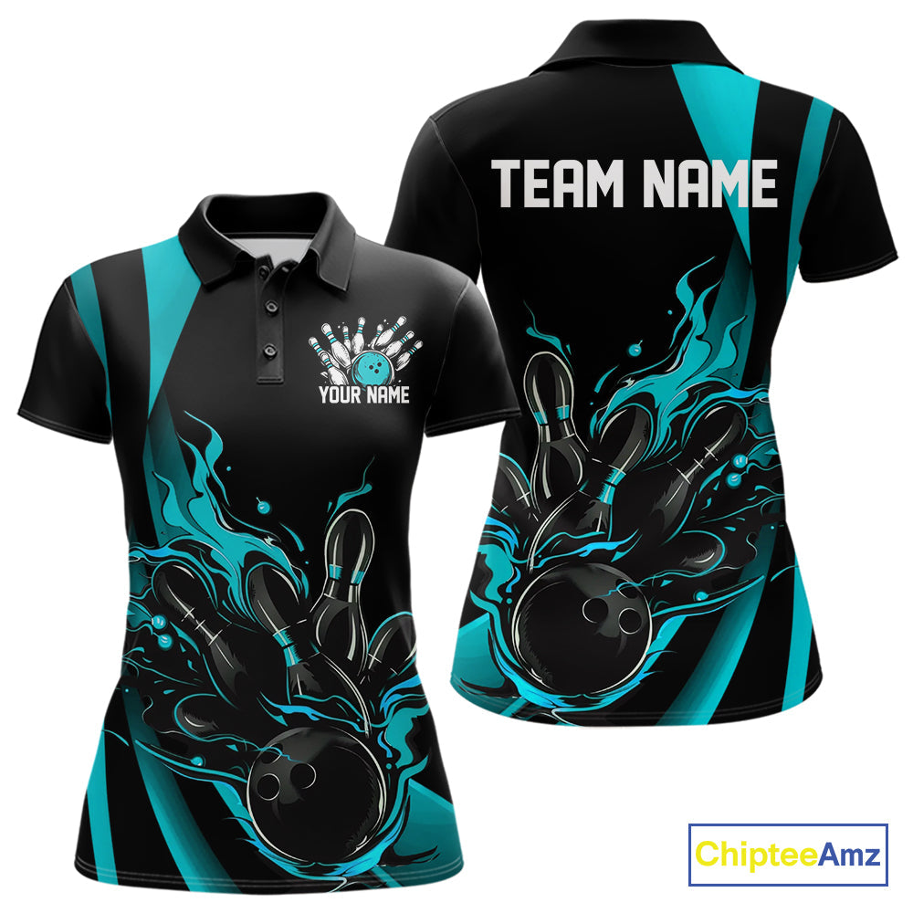 Custom Teal Blue Flame Bowling Polo Shirts For Women, Striking Fire Jerseys Team Uniform IPHW9085