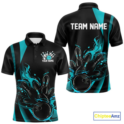 Custom Teal Blue Flame Bowling Polo Shirts For Men, Striking Fire Jerseys Team Uniform IPHW9085