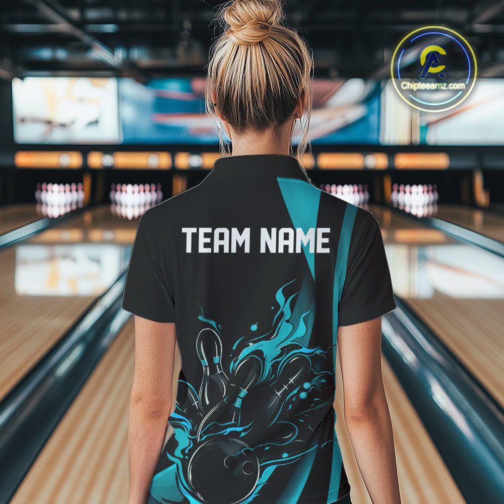 Custom Teal Blue Flame Bowling Women Quarter-Zip Shirt, Striking Fire Jersey Team Uniform IPHW9085