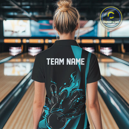 Custom Teal Blue Flame Bowling Women Quarter-Zip Shirt, Striking Fire Jersey Team Uniform IPHW9085