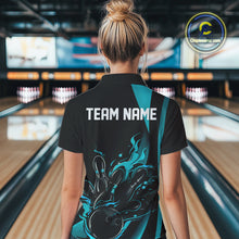 Load image into Gallery viewer, Custom Teal Blue Flame Bowling Women Quarter-Zip Shirt, Striking Fire Jersey Team Uniform IPHW9085