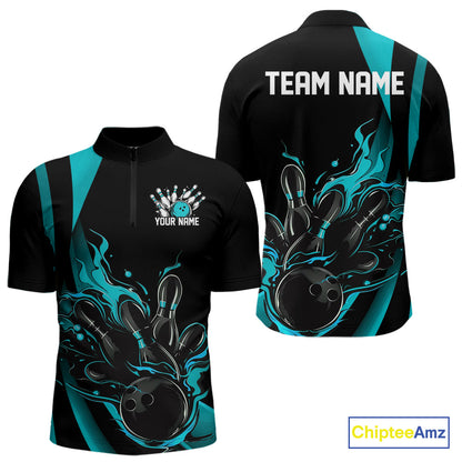 Custom Teal Blue Flame Bowling Quarter-Zip Shirts For Men, Striking Fire Jerseys Team Uniform IPHW9085