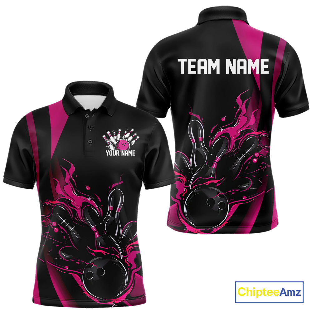 Custom Pink Flame Bowling Polo Shirts For Men, Striking Fire Jerseys Team Uniform IPHW9086