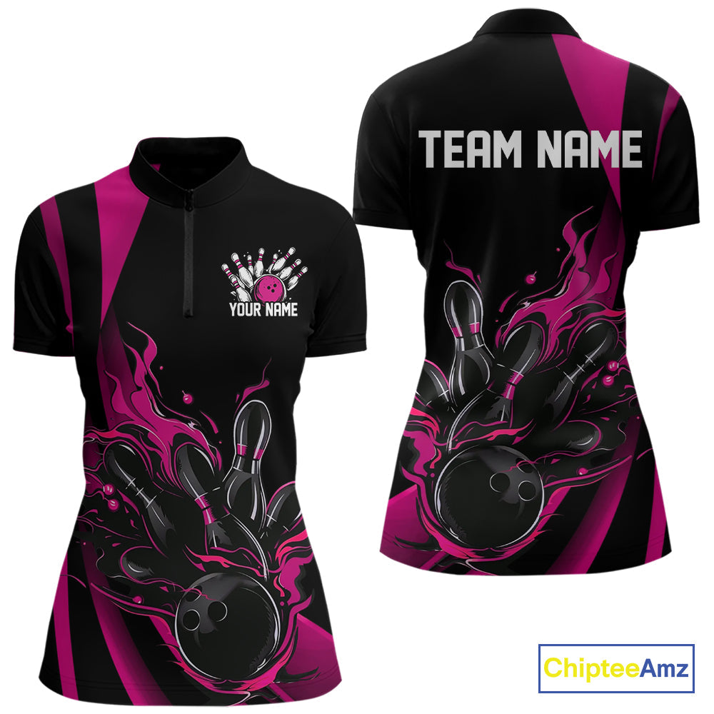 Custom Pink Flame Bowling Women Quarter-Zip Shirts, Striking Fire Jerseys Team Uniform IPHW9086