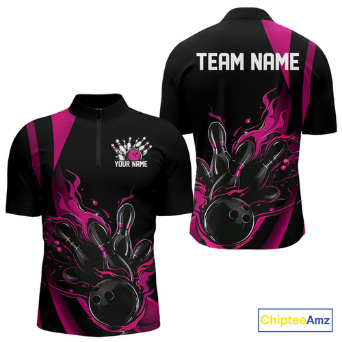 Custom Pink Flame Bowling Quarter-Zip Shirts For Men, Striking Fire Jerseys Team Uniform IPHW9086