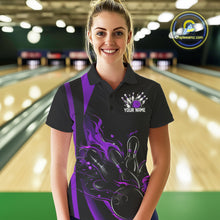 Load image into Gallery viewer, Custom Purple Flame Bowling Polo Shirts For Women, Striking Fire Jerseys Team Uniform IPHW9087