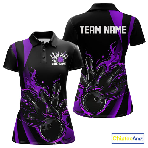 Custom Purple Flame Bowling Polo Shirts For Women, Striking Fire Jerseys Team Uniform IPHW9087