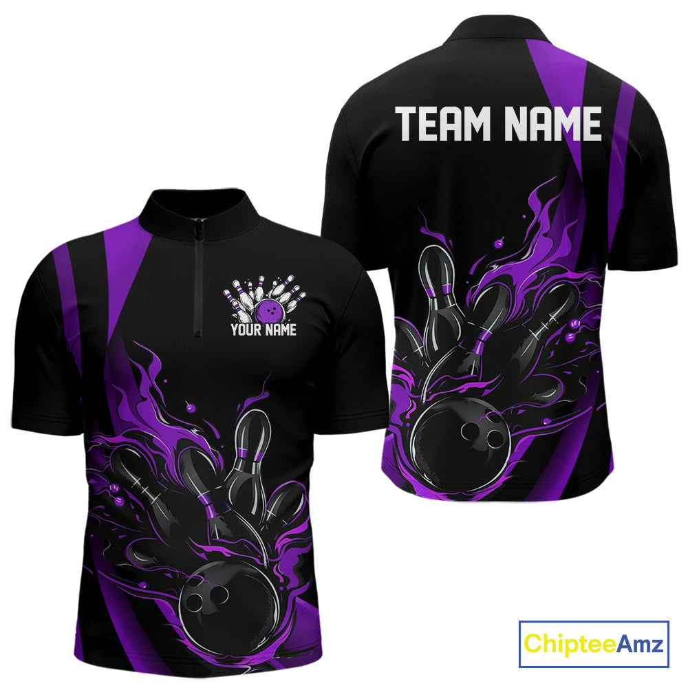 Custom Purple Flame Bowling Quarter-Zip Shirts For Men, Striking Fire Jerseys Team Uniform IPHW9087