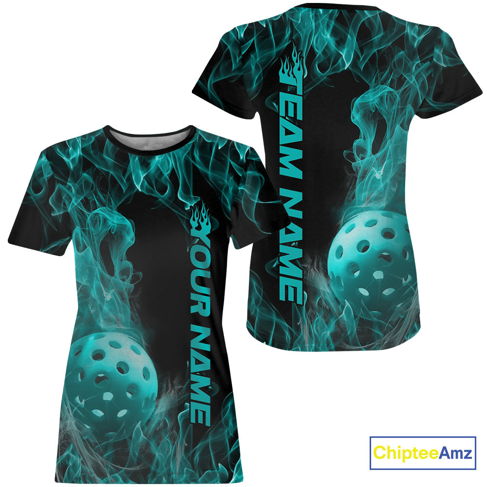 Custom Blue Flame Pickleball T-Shirts For Women, Fire Pickleball Jerseys Team Uniform IPHW9088