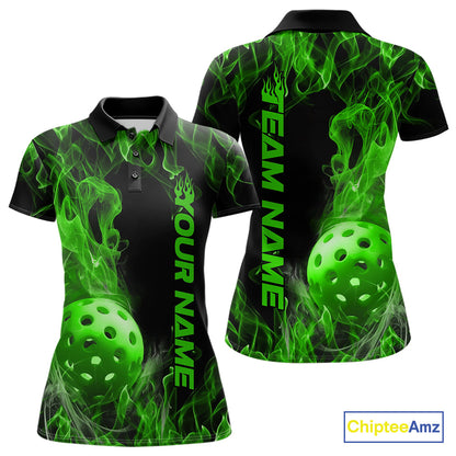 Custom Green Flame Pickleball Polo Shirts For Women, Fire Pickleball Jerseys Team Uniform IPHW9089