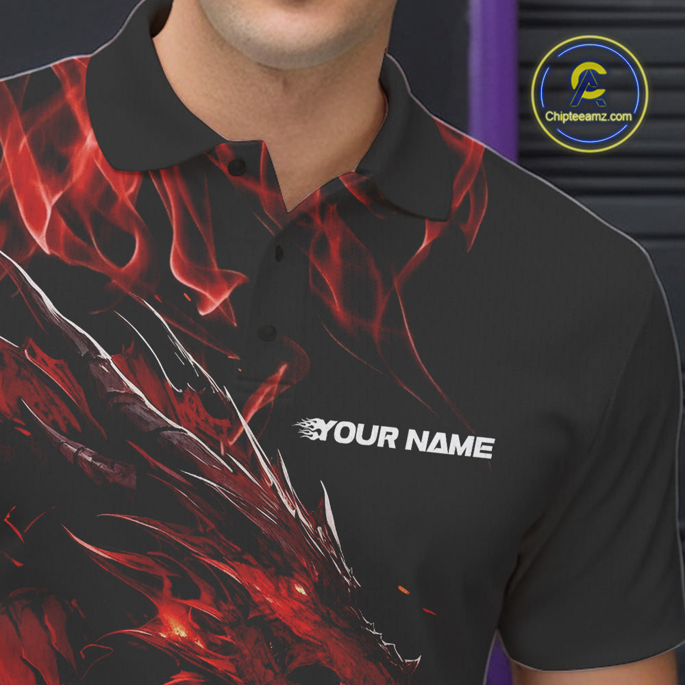 Custom Black And Red Flame Dragon Bowling Team Men Polo Shirts, Bowling League Shirt IPHW9333