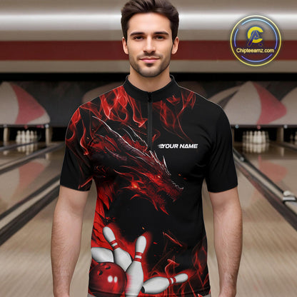 Custom Black And Red Flame Dragon Bowling Team Men Quarter-Zip Shirts, Bowling League Shirt IPHW9333