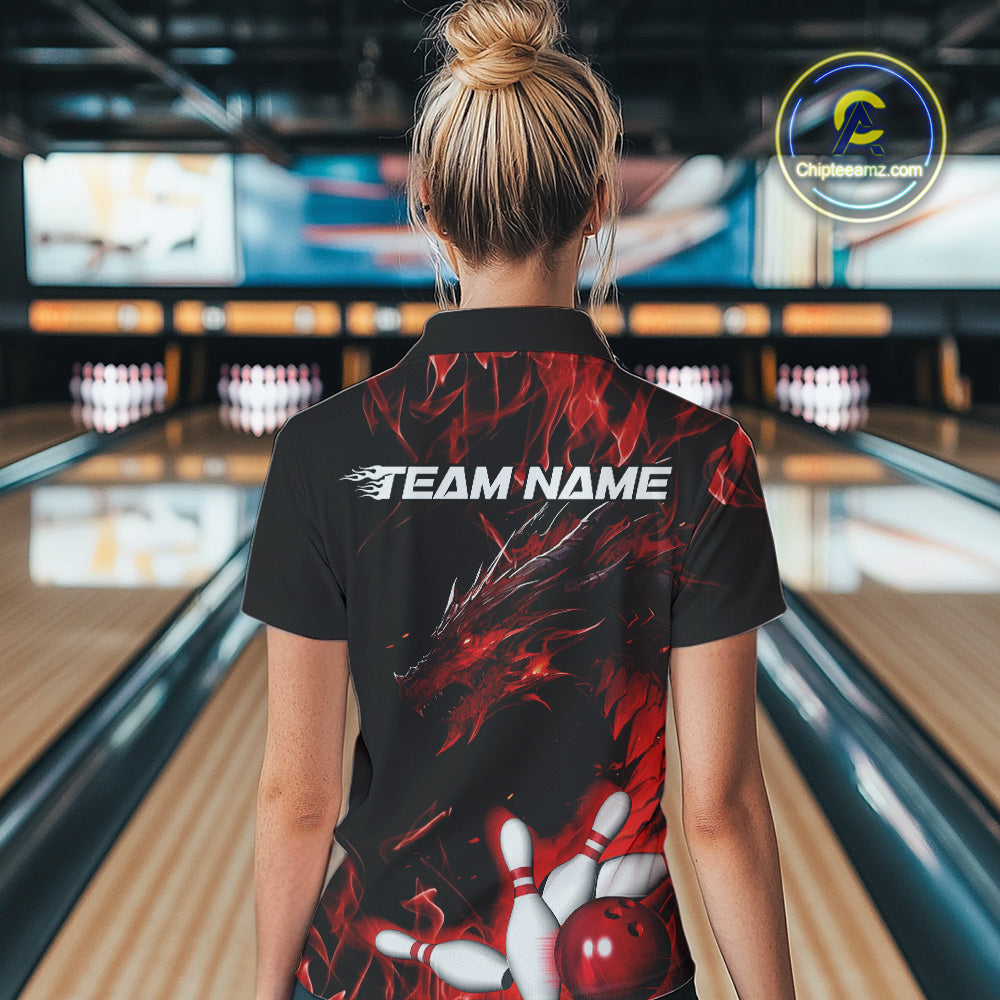 Custom Red Flame Dragon Bowling Team Women Quarter-Zip Shirt, Bowling League Shirt IPHW9333