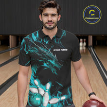 Load image into Gallery viewer, Custom Black And Blue Flame Dragon Bowling Team Men Polo Shirts, Bowling League Shirt IPHW9334