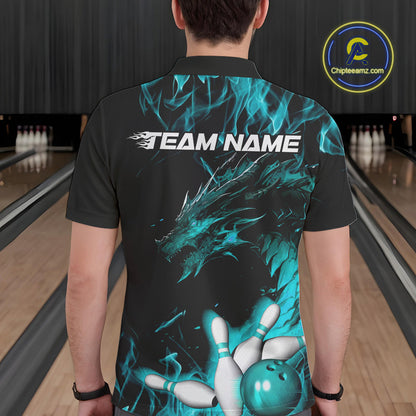 Custom Black And Blue Flame Dragon Bowling Team Men Polo Shirts, Bowling League Shirt IPHW9334