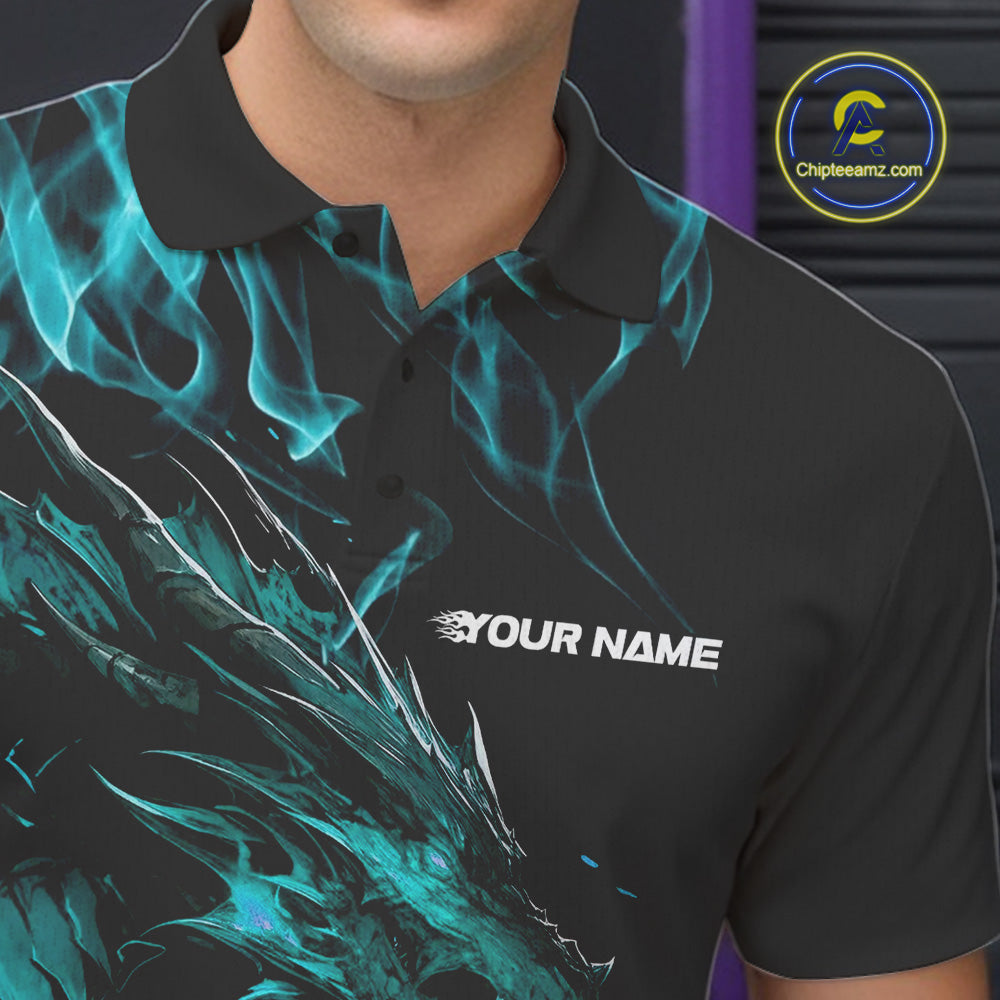 Custom Black And Blue Flame Dragon Bowling Team Men Polo Shirts, Bowling League Shirt IPHW9334