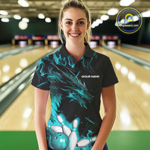 Load image into Gallery viewer, Custom Black And Blue Flame Dragon Bowling Team Women Polo Shirts, Bowling League Shirt IPHW9334