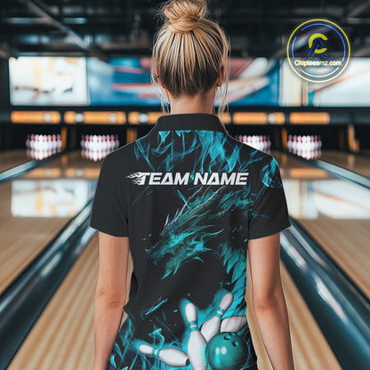 Custom Black And Blue Flame Dragon Bowling Team Women Polo Shirts, Bowling League Shirt IPHW9334