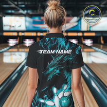 Load image into Gallery viewer, Custom Black And Blue Flame Dragon Bowling Team Women Polo Shirts, Bowling League Shirt IPHW9334