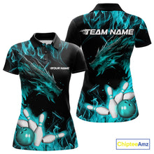 Load image into Gallery viewer, Custom Black And Blue Flame Dragon Bowling Team Women Polo Shirts, Bowling League Shirt IPHW9334