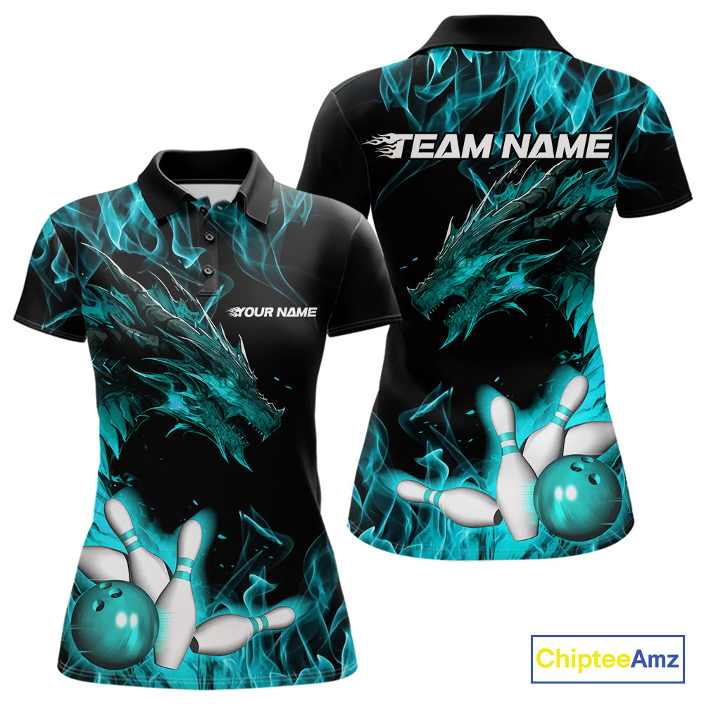 Custom Black And Blue Flame Dragon Bowling Team Women Polo Shirts, Bowling League Shirt IPHW9334