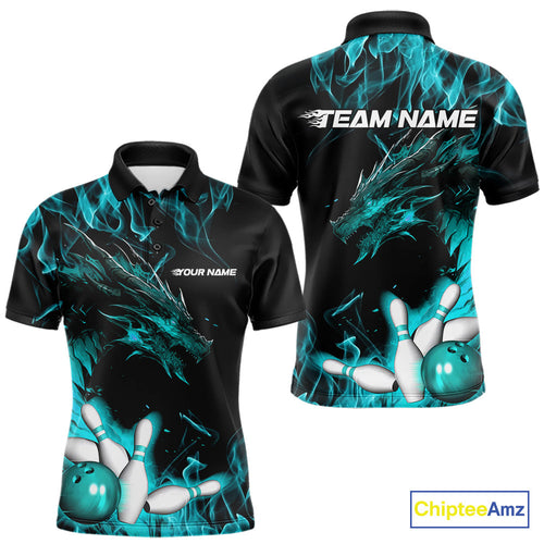 Custom Black And Blue Flame Dragon Bowling Team Men Polo Shirts, Bowling League Shirt IPHW9334