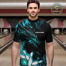 Load image into Gallery viewer, Custom Black And Blue Flame Dragon Bowling Team Men Quarter-Zip Shirts, Bowling League Shirt IPHW9334